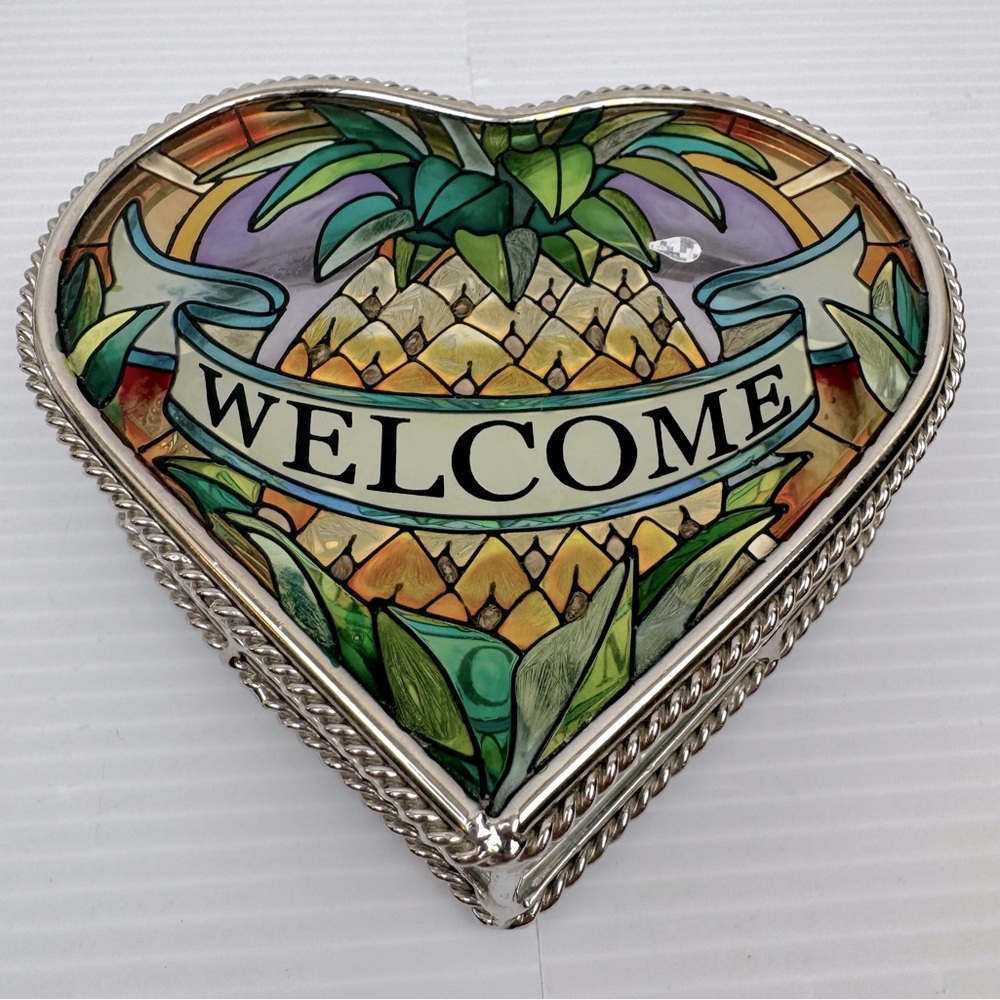 Amia Pineapple Hand Painted Heart Shaped Trinket Box Hinged with Mirror Floral